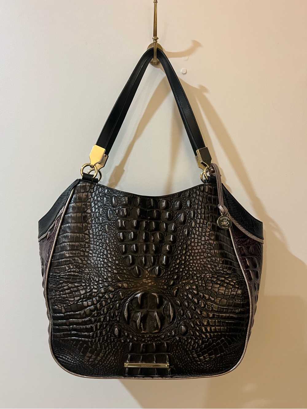 Brahmin Black Croc-Embossed Shoulder Bag with Gold Hardware